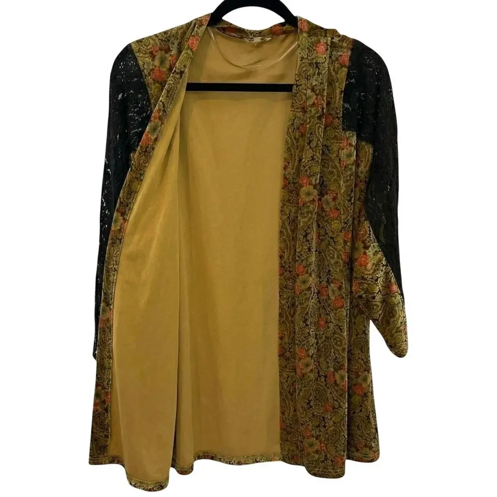 Mystree Whimsygoth Velvet Paisley Cardigan Black Lace Sleeve Dark Floral Boho M